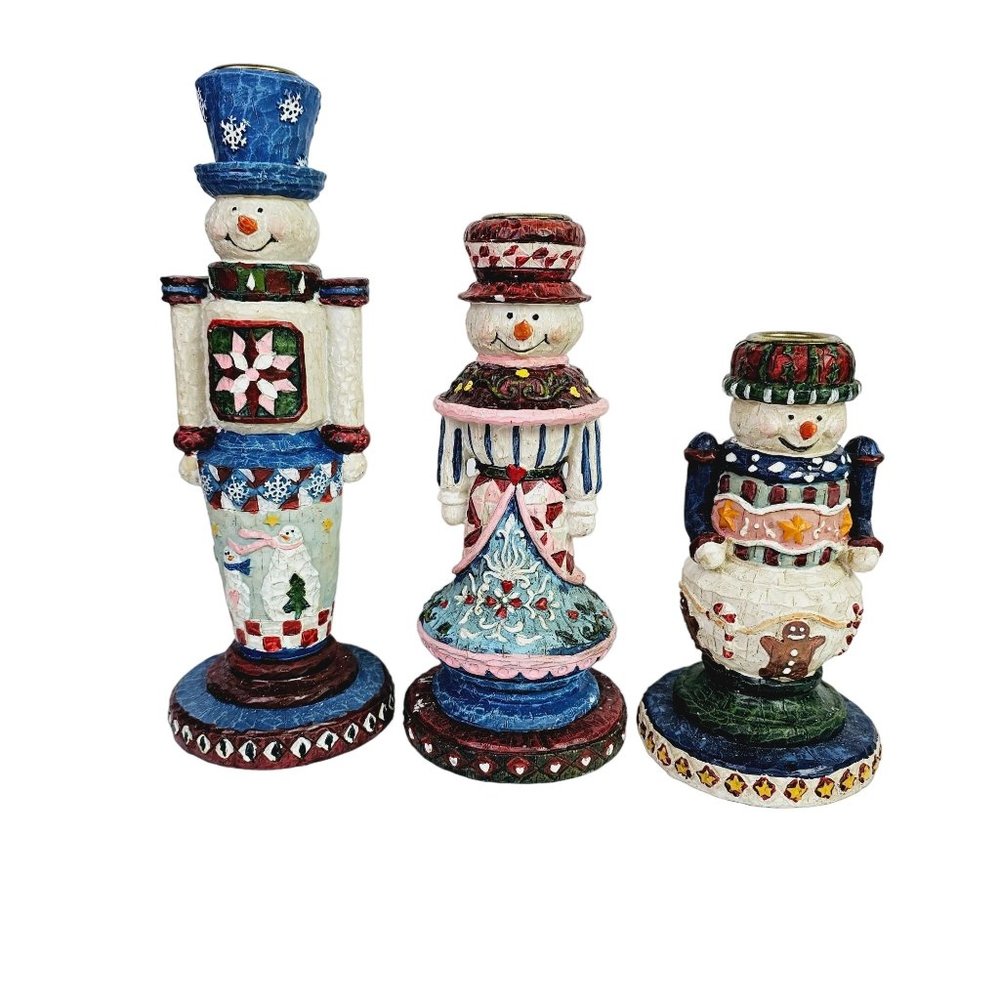 Set of 3 Snowmen Graduating Resin Hand Carved and Painted Candlestick Holders